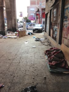 Ugly: Sleeping conditions on a filthy sidewalk in Port Said, Egypt.